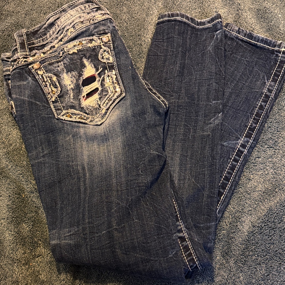 Miss Me Dark Blue Boot Cut Jeans with Distressed Details